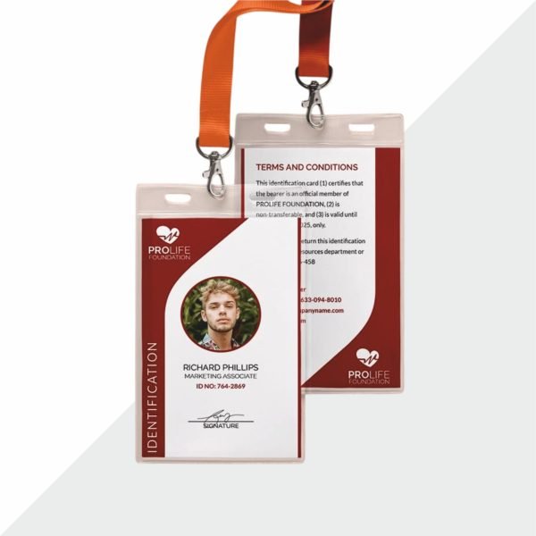 Stack of employee ID cards with photo, name, and company branding