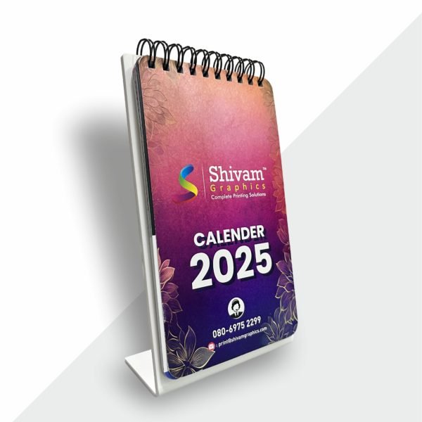 Table calendar with clear acrylic stand and premium printed pages, ideal for office desks, corporate gifting, and branding.