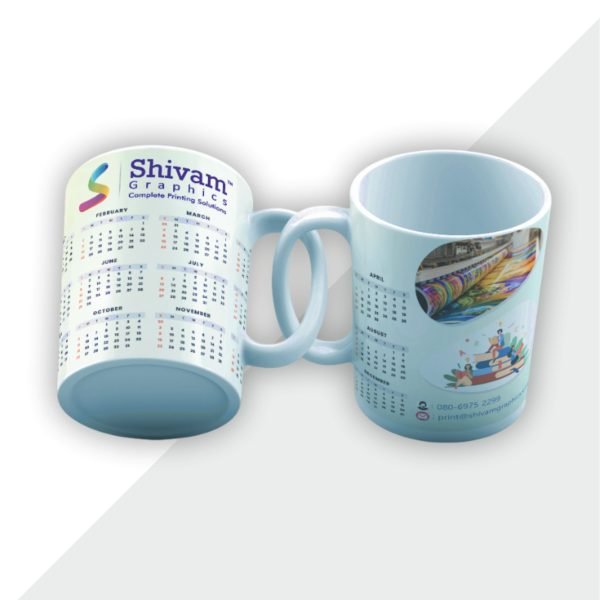 Custom mug calendar with printed monthly layout and branding, ideal for desks, gifting, and promotions.
