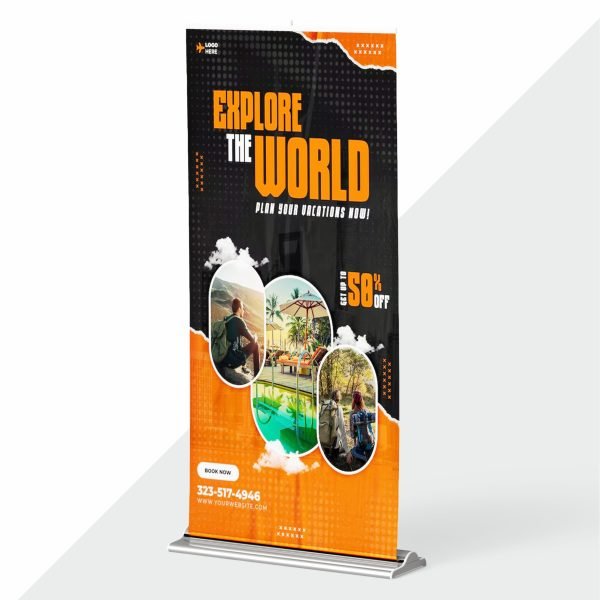 Budget-friendly roll-up standee with lightweight aluminum frame and retractable mechanism, ideal for everyday promotions.