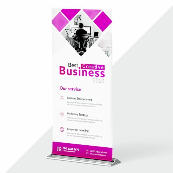 Premium roll-up standee printed on tear-resistant flex media with non-curl finish for durable and impactful visual marketing.