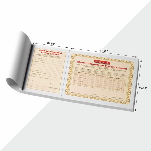 Professionally printed share certificate with official design for company shareholder documentation and records.