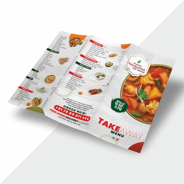 Colorful tri-fold parcel menu with vibrant graphics, designed for restaurants, cafes, and takeaway services.