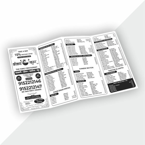 Black and white tri-fold parcel-style menu with minimalist design, ideal for takeout and delivery services.
