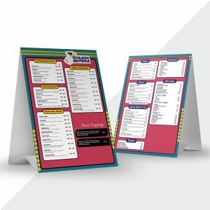 Tent card menu with a folded tabletop design, ideal for restaurant tables, bars, cafes, and counter displays.